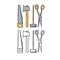 Vector illustration for your design. Colored and black line outline. Saw, axe, hammer, scissors.