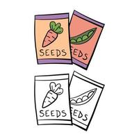 Vector illustration for your design. Colored and black line outline. Garden set. Seed packages. Seeds.