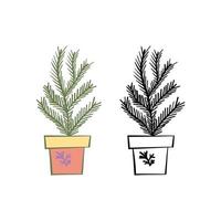 Vector illustration for your design. Colored and black line outline. Garden set. Flower in a pot.