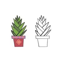 Vector illustration for your design. Colored and black line outline. Garden set. Flower in a pot.