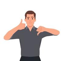 Man showing thumb up and thumb down thinking or choosing something vector