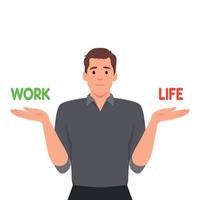 Vector flat linear illustration - work and life balance concept - man choosing between business and personal