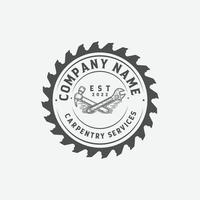 carpentry services logo with wrench saw blade and hammer vector