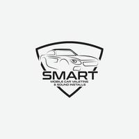 mobile car valeting and sound install logo with car outline silhouette lineart and shield vector