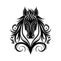 Ornate portrait of a horse, front view. Decorative illustration for logo, emblem, tattoo, embroidery, laser cutting, sublimation. vector