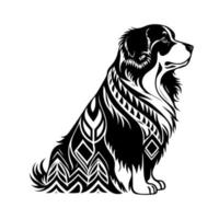 Portrait of a sitting Bernese Mountain dog in ornamental style. Black and white, isolated vector illustration for emblem, mascot, sign, poster, card, logo, banner.