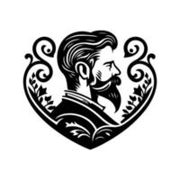 Intelligent man with beard and mustache in ornate heart shape pattern. Vector illustration for logo.