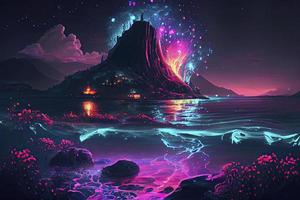 Fantasy seascape, neon colors, magic lights on the water photo