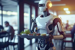 un humanoide robot camarero lleva un bandeja de comida y bebidas en un restaurante foto