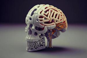 A robot head model with a human brain on it ,3D rendering photo