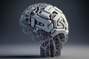 A robot head model with a human brain on it ,3D rendering photo