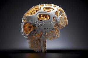 A robot head model with a human brain on it ,3D rendering photo