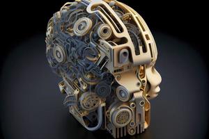 A robot head model with a human brain on it ,3D rendering photo