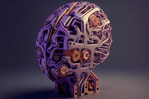 A robot head model with a human brain on it ,3D rendering photo