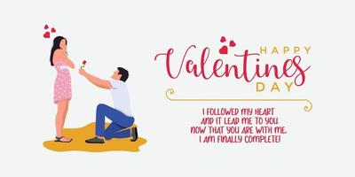 contento san valentin día póster con Rosa y plano personaje ilustración chico proponiendo a niña con rodilla doblado vector