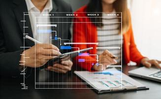 gerente de proyecto trabajando y actualizando tareas con hitos, planificación de progreso y diagrama de programación de diagrama de Gantt. Tranvía comercial trabajando en la oficina foto