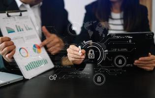 Network security. business using digital tablet and computer with digital padlock for data protection, internet technology networking and cyber security technology photo