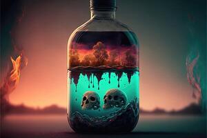 Forest, water and skull in a jar on a toxic environmental scene. Chemical pollution concept. photo