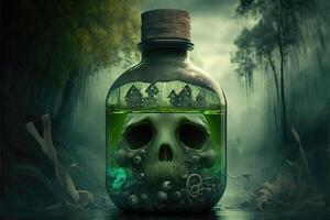 House, water and skull in a jar on a toxic environmental scene. Chemical pollution concept. photo