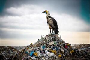 Plastic waste and vulture in landfill. Environmental pollution concept. photo