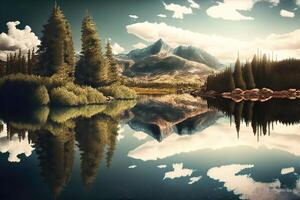 A River or lake with reflections of surrounding nature. photo