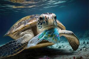 mar Tortuga comer el plastico debajo el mar. ai generado foto