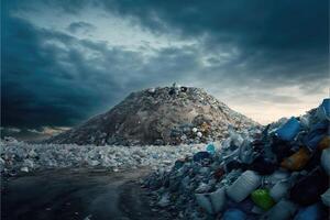 AI Generated Plastic waste in landfill. Environmental pollution concept. photo