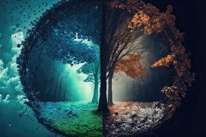 Spring vs Autumn season in the forest. AI Generated photo
