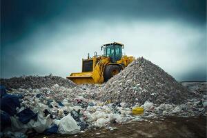 AI Generated Plastic waste and bulldozer in landfill. Environmental pollution concept. photo