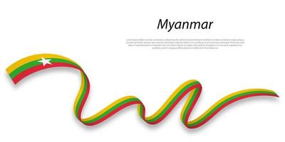 Waving ribbon or banner with flag of Myanmar. vector