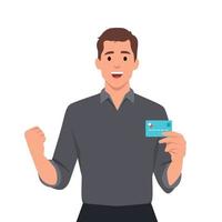 contento joven empresario demostración crédito, débito, Cajero automático tarjeta. hombre haciendo elevado mano puño gesto. masculino personaje diseño ilustración. humano emociones, facial expresiones vector