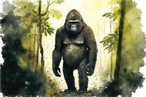 Cute gorilla standing in the middle of the forest. Watercolor painting. photo