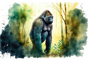 ai generado linda gorila en pie en el medio de el bosque. acuarela cuadro. foto