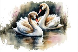 Cute couple swans in the lake watercolor painting. photo