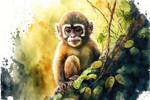 Cute monkey standing on a tree in the middle of the forest watercolor painting. photo