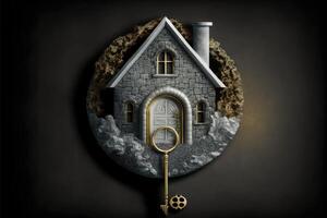 Silver symbol house and golden keys on dark stone background. photo