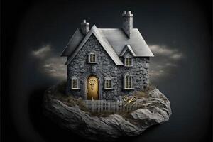AI Generated Silver symbol house and golden keys on dark stone background. photo