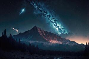 Meteor shower at night on mountain background. photo