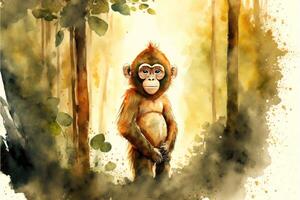 Cute monkey standing in the middle of the forest watercolor painting. photo