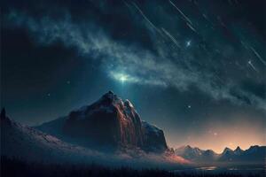 Meteor shower at night on mountain background. photo