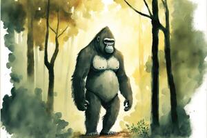 Cute gorilla standing in the middle of the forest. Watercolor painting. photo