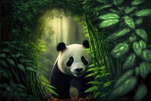 linda panda en el medio bambú bosque. ai generado foto
