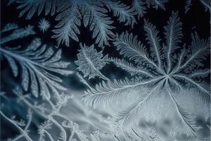 ai generado invierno escarcha hojas patrones en vaso. hoja hielo cristales en frío invierno antecedentes. foto