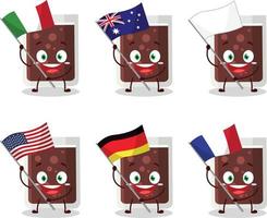 Glass of cola cartoon character bring the flags of various countries vector