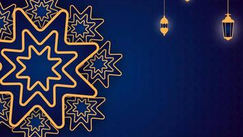 Happy Eid Mubarak animated with Islamic ornaments and an empty place for the background wishing video message. on a blue dark concept while hanging with the chain. A mandala design is animating 4k