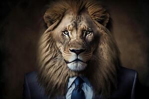 Portrait of lion businessman. Animal head in business suit. photo