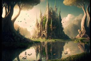AI Generated The kingdom of the fairies. Water castle fantasy magic world. photo