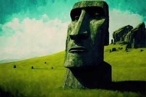 ai generado grande moai cubierto con verde césped elevado en frente de el viajero. digital Arte estilo. foto