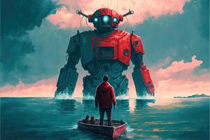 AI Generated Man on a boat looking at a red robot emerge from the sea. Digital art style.