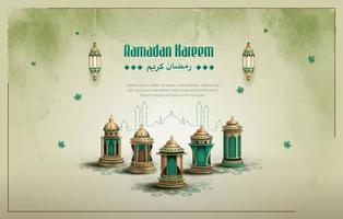 islamic greeting ramadan kareem card design with green lanterns vector